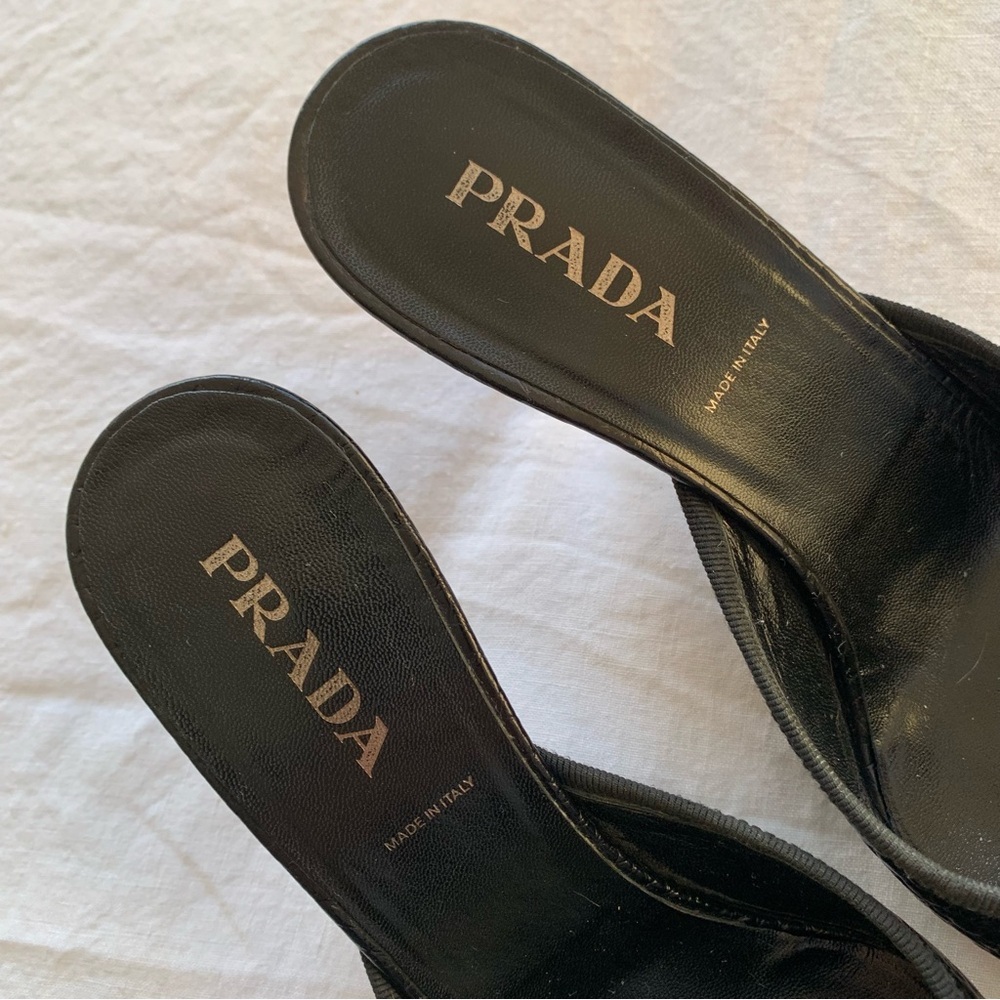 Vintage Prada Tweed Rosette Flower Pebbled Leather Pointy Toe Mules Kitten Heels - Picture 7 of 11